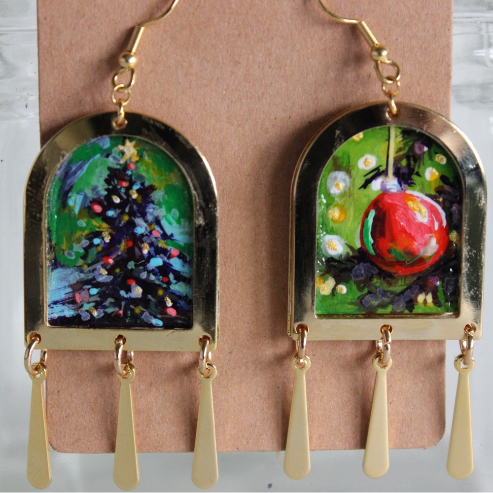 Hand painted Gold Christmas Tree and Ornament Earrings